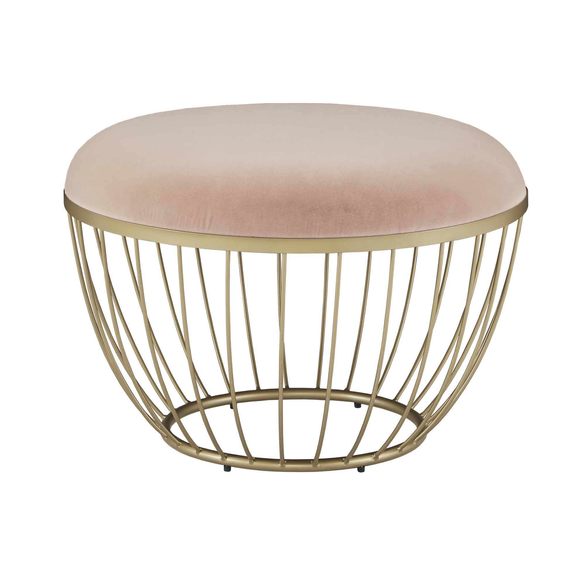 Angeles Home Pink Velvet Round Footrest Ottoman with Metal Base and Non-Slip Foot Pads