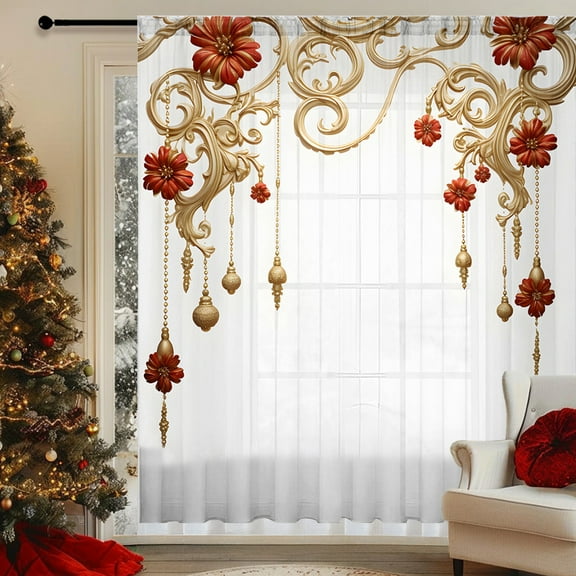 Fmbmuo Fade Proof Christmas Curtains Printed Light Filtering Gold Decorations, Art Deco 1 pcs Rod Pocket UV Resistant Window Curtains, Bedroom/Living Room,51 Inch