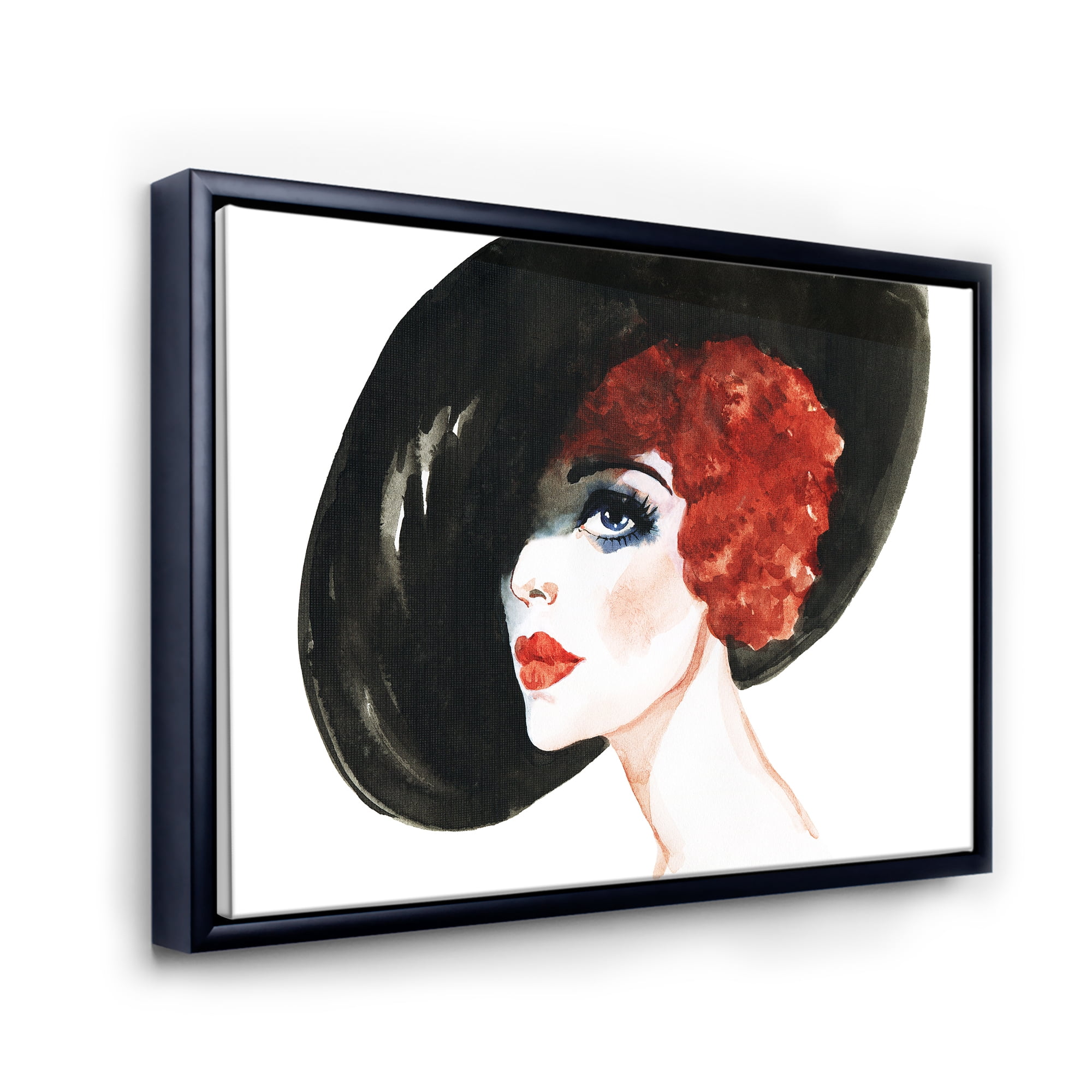 Designart 'Portrait of Woman Red Head Lady In Hat' Modern Framed Canvas Wall Art Print