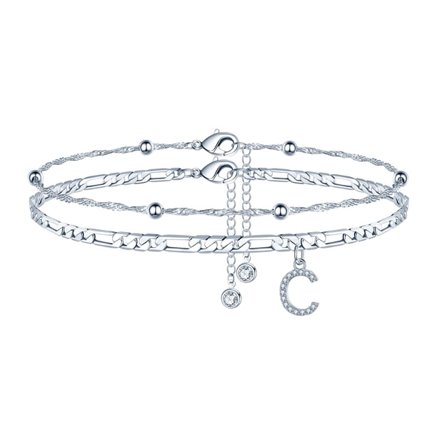 Pulsera Ursteel con cadena en capas plateadas con la inicial C, 8.5 pulgadas