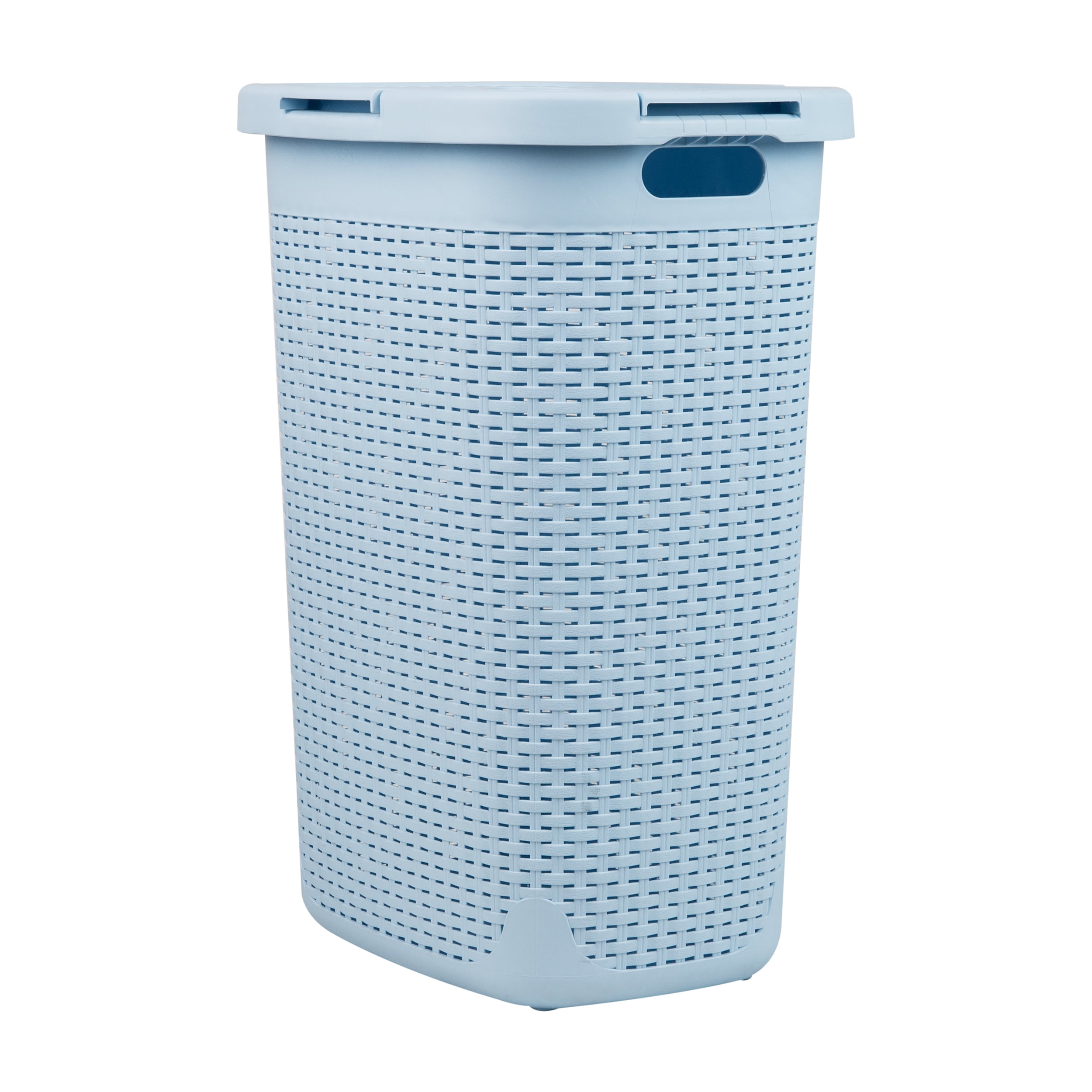 Mind Reader 60L Slim Laundry Hamper, Clothes Basket, Lid, Wicker Design, Plastic, Baby Blue