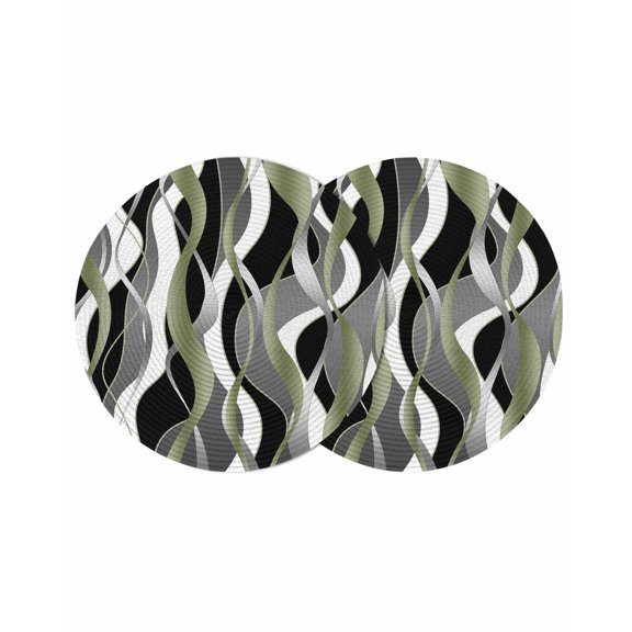 Sage Green Stripe Round 15 Inch Placemats Set of 2, Grey White Geometric Modern Abstract HeatResistant Non Slip Place Mats for Dining Table, Wipeable Braided Kitchen Table Mats for Housewarming