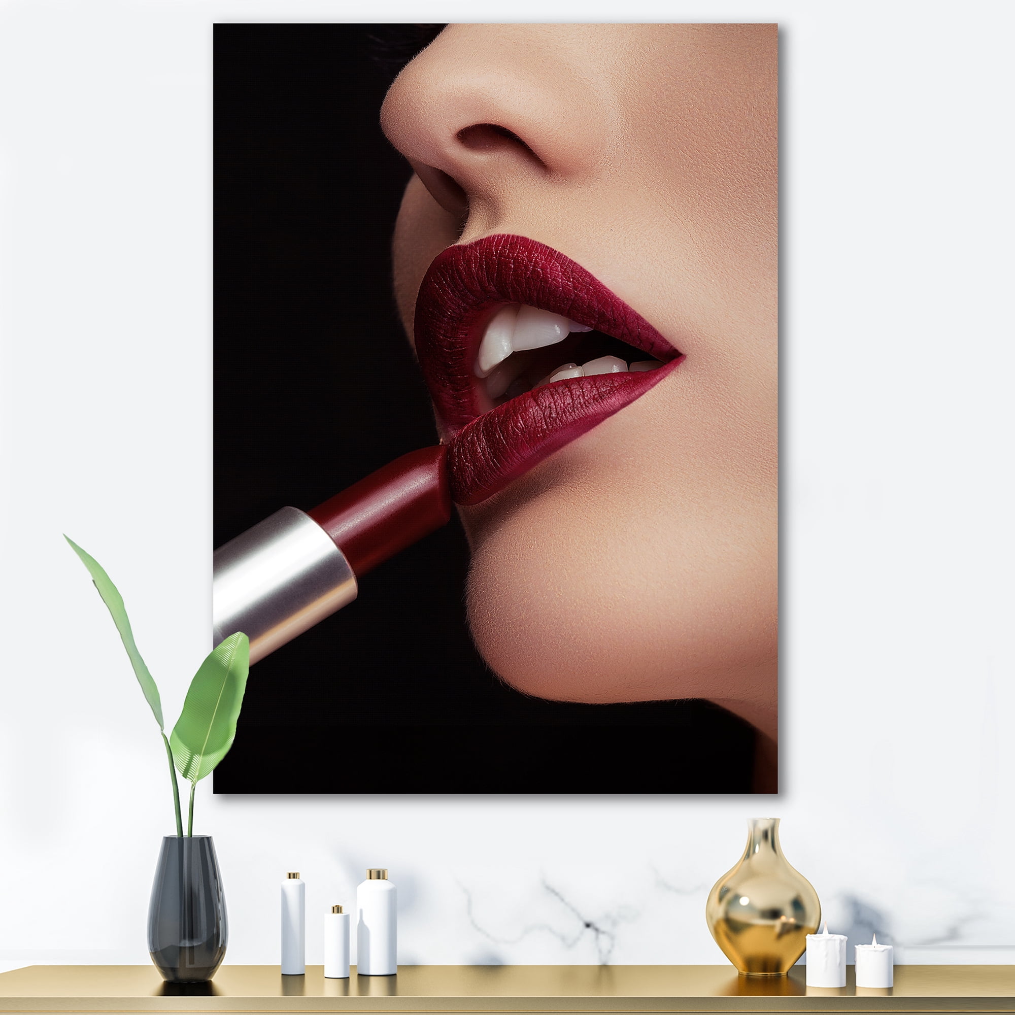 Designart ' Woman Applying Red Lipstick On Lips I ' Modern Canvas Wall Art Print