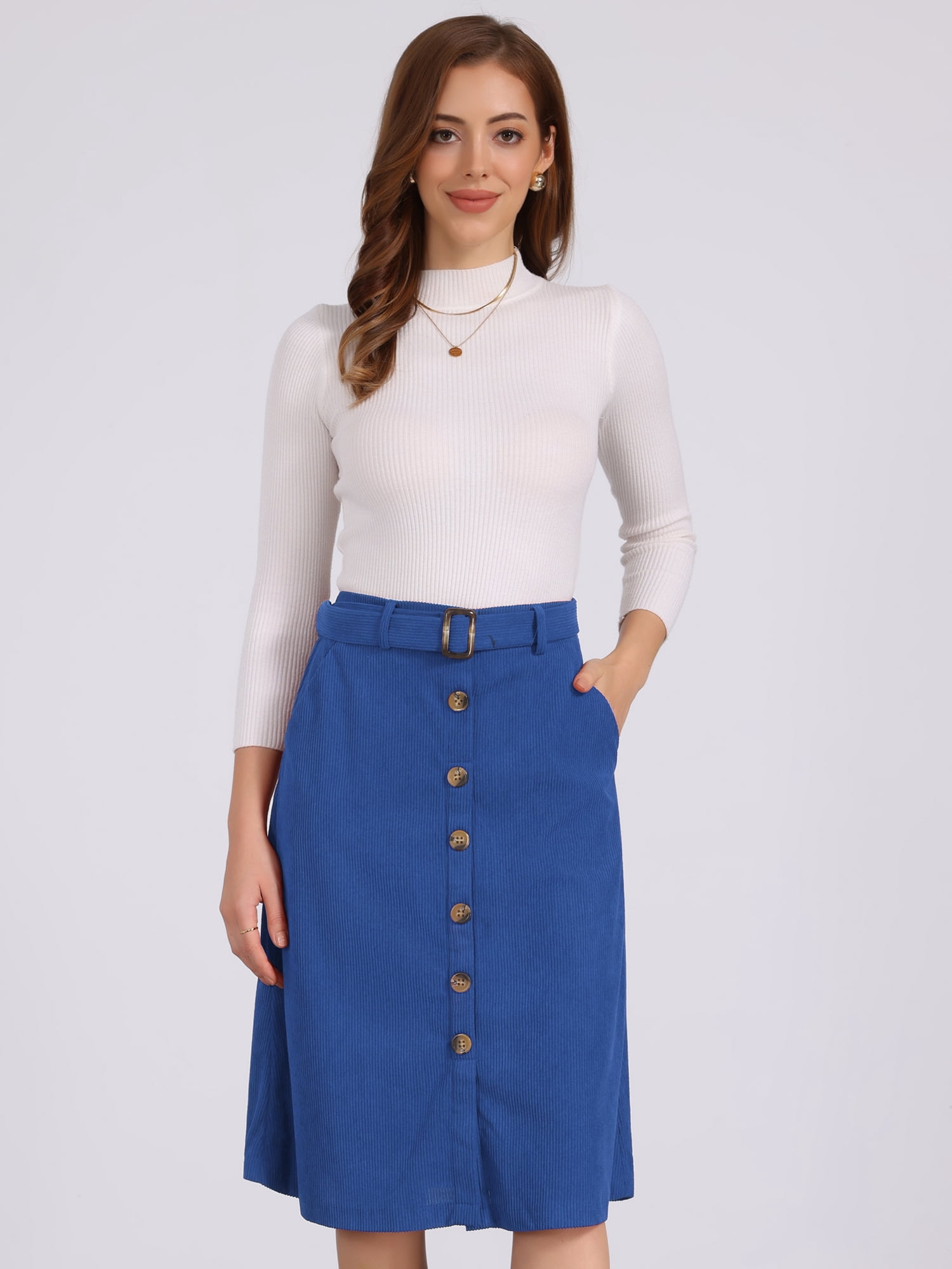 DARING DIVA Women's High Waist Button Front A-Line Belted Corduroy Skirt L Royal Blue