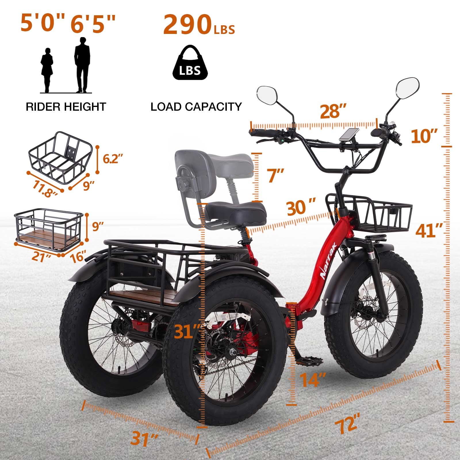 Electric Folding Tricycle for Adults, 750W(Peak 1350W), 48V13Ah Ebike, 20"x4.0" Aluminum Folding Fat Tire 3 Wheel Electric Trike, Max 20MPH Hydraulic Brake, Rear Motor Differential