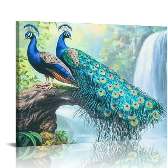 FCXZI Peacock Tree Branch Waterfall Canvas Wall Art Home Decor 16x12in