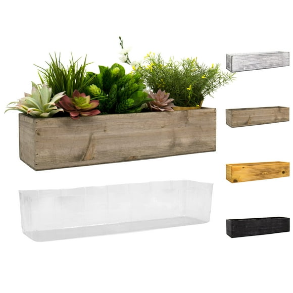 CYS EXCEL Brown Wooden Planter Box (17"x5" H:4") with Removable Plastic Liner Multiple Colors Rustic Rectangle Indoor Decorative Box