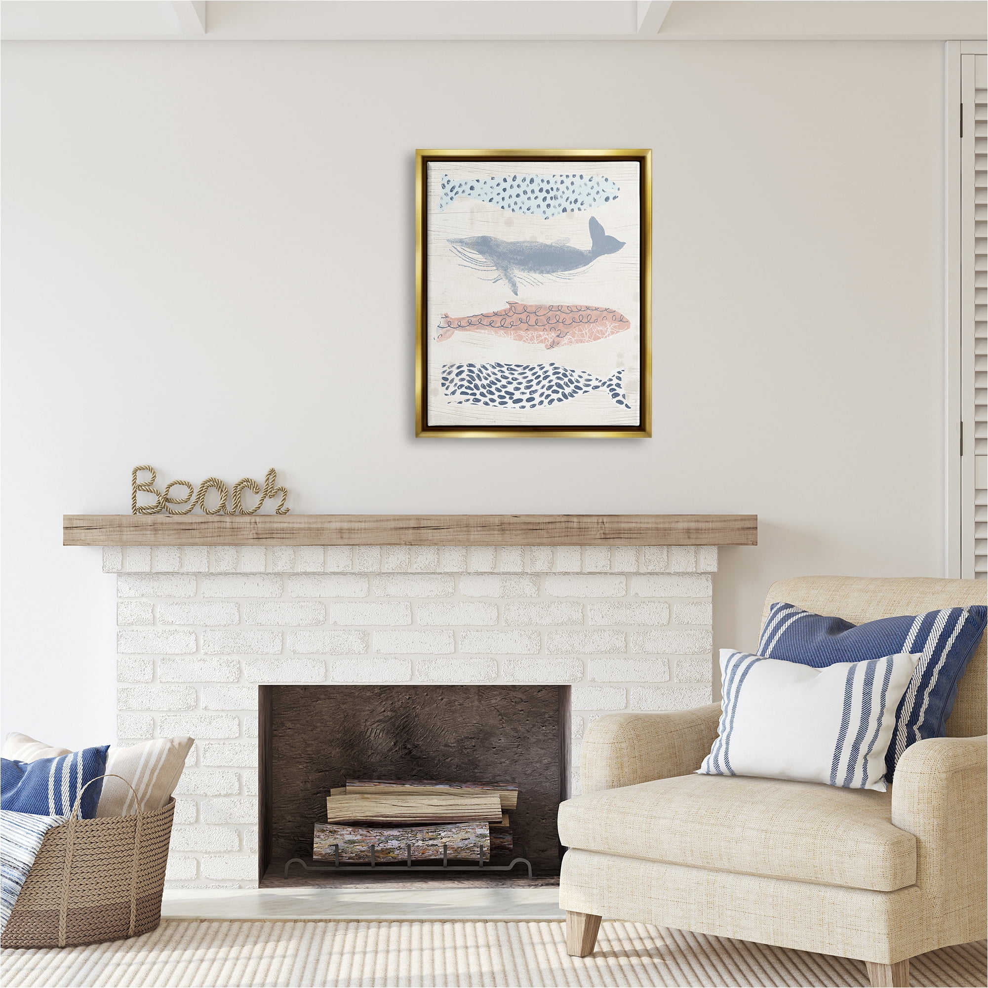 Stupell Industries Maritime Patterned Whales Animals & Insects Painting Gold Floater Framed Canvas Art Print Wall Art, 25 x 31