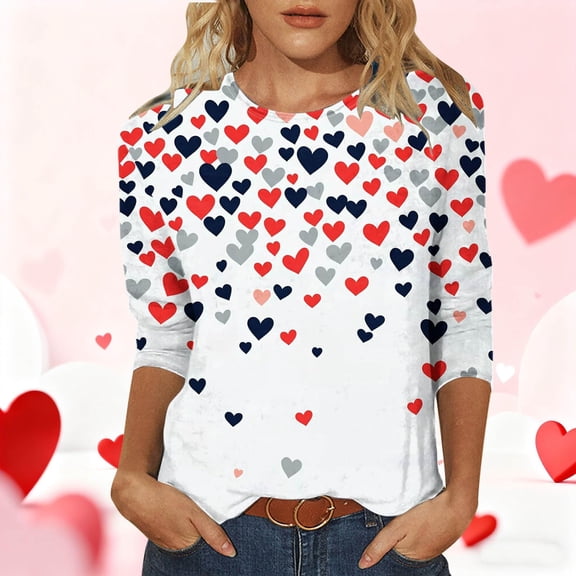 FASHOFT 3/4 Sleeve Valentines Shirts for Women Love Heart Cute Graphic T-Shirts Crewneck Casual Spring Tops Tee White L