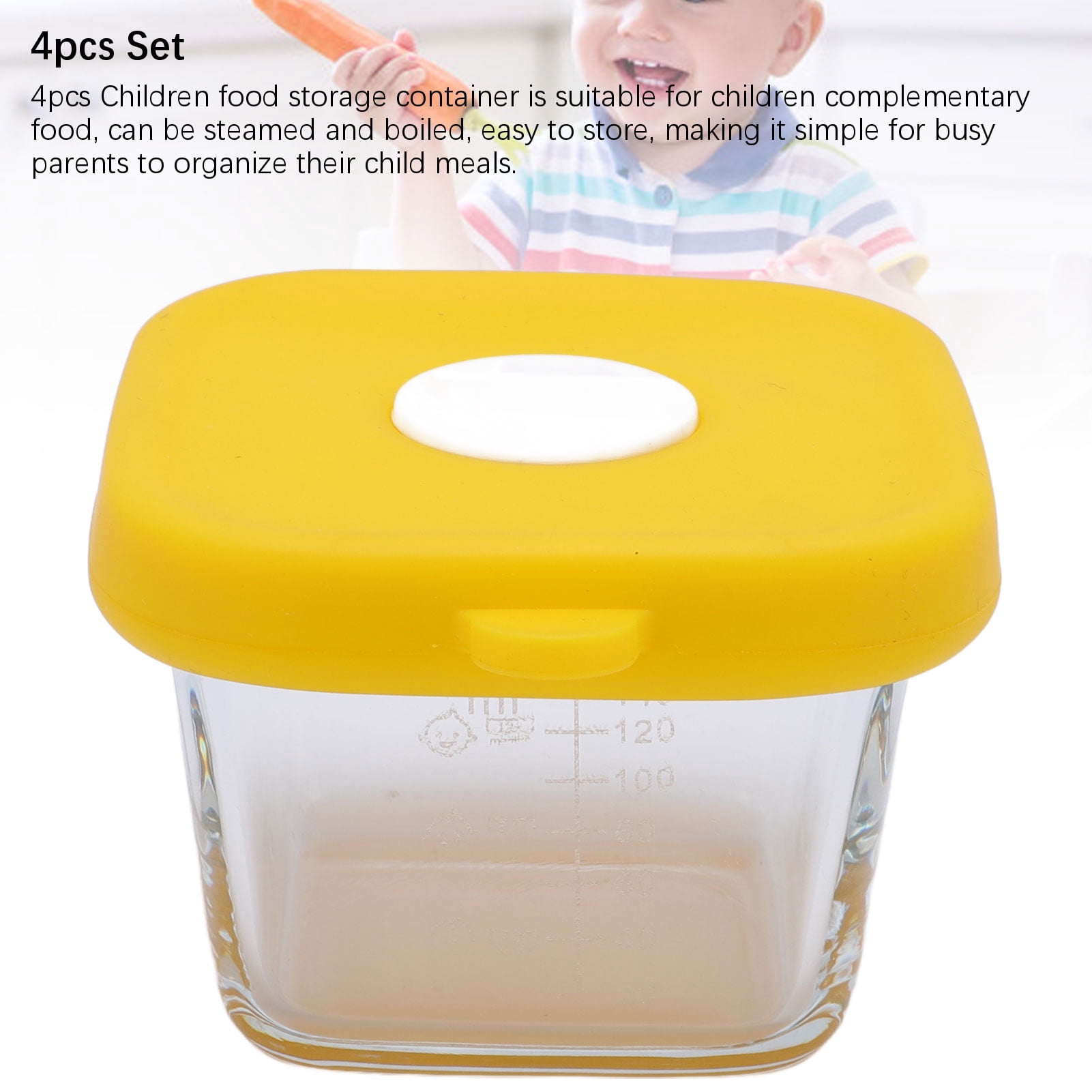 LAZIOEGR 4-Pack Baby Food Storage Jars Glass Meal Prep Containers with Airtight Silicone Lids, 4.7 oz / 140ml Infant Snack Dispenser Bowls for Freezer and Microwave, Yellow