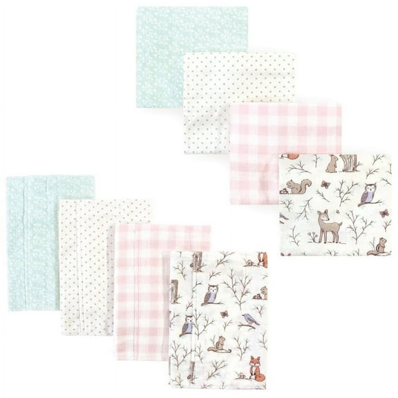 Hudson Baby Infant Girl Cotton Flannel Burp Cloths and Receiving Blankets, 8-Piece, Enchanted Forest, One Size