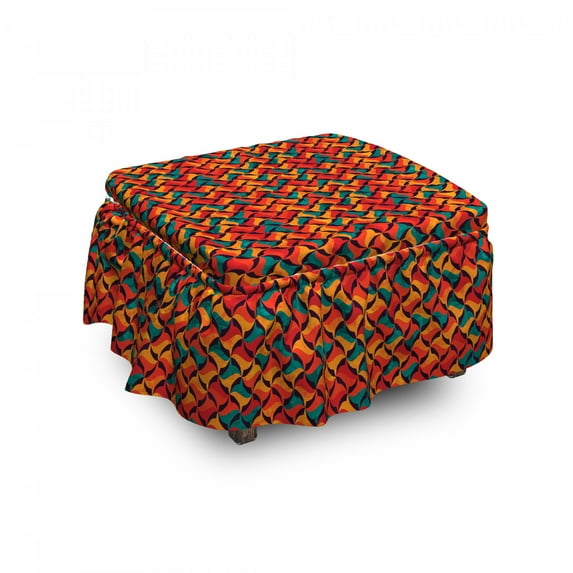 Geometric Ottoman Cover, Abstract Funky Waves, 2 Piece Slipcover Set with Ruffle Skirt for Square Round Cube Footstool Decorative Home Accent, Standard Size, Jade Green Orange, by Ambesonne