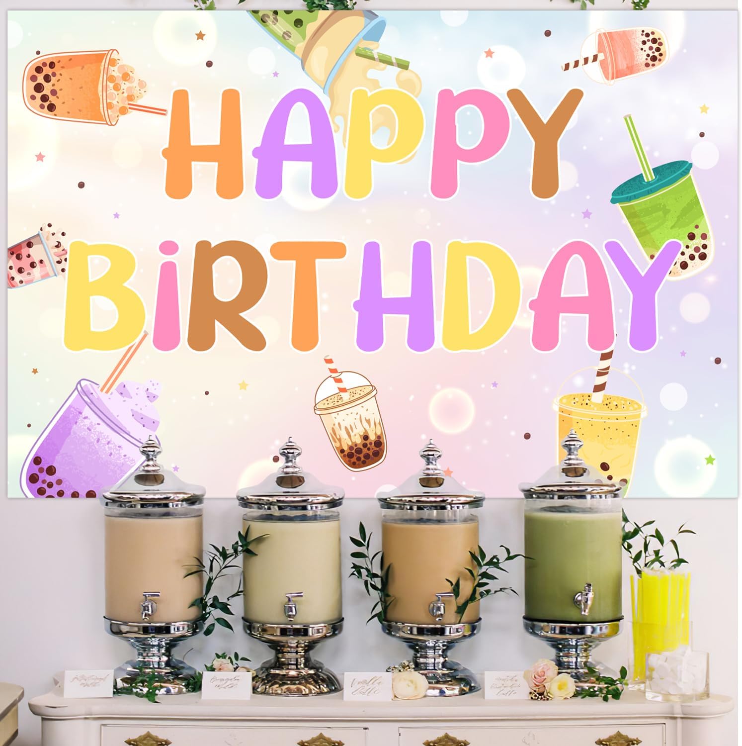 Boba Tea Birthday Party Decorations Milk Tea Happy Birthday Backdrop Macaron Rainbow Balloon Garland Arch Kit for Boys Girls Birthday Party Decor Supplies