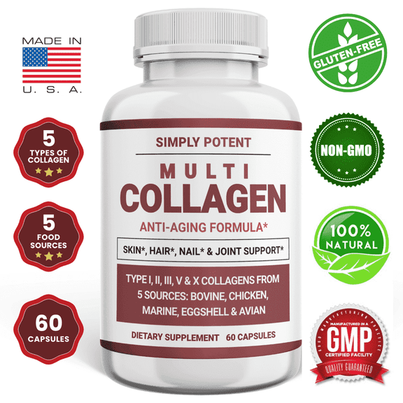 Simply Potent Multi Collagen Peptides Powder Pills – Hydrolyzed Collagen for Skin, Hair, Nails, Joint Support – 60 Capsules