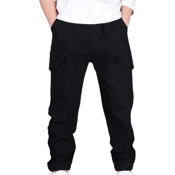 CPNG Boys Daily Fashion Cargo Pants Elastic High Waist Slim Fit Multi-Pocket Cargo Sweatpants Casual Jogger(Black,11-12 Years)