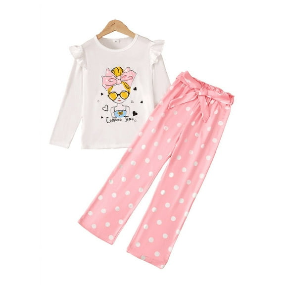 Mikrdoo Big Girls Fall Winter Outfits 13-14 Years Kid Girls Pants Set Anime Girl Print Ruffle Long Sleeve Tops Elastic Wave Point Print Pants 2Pcs Casual Clothing 8-14Y White