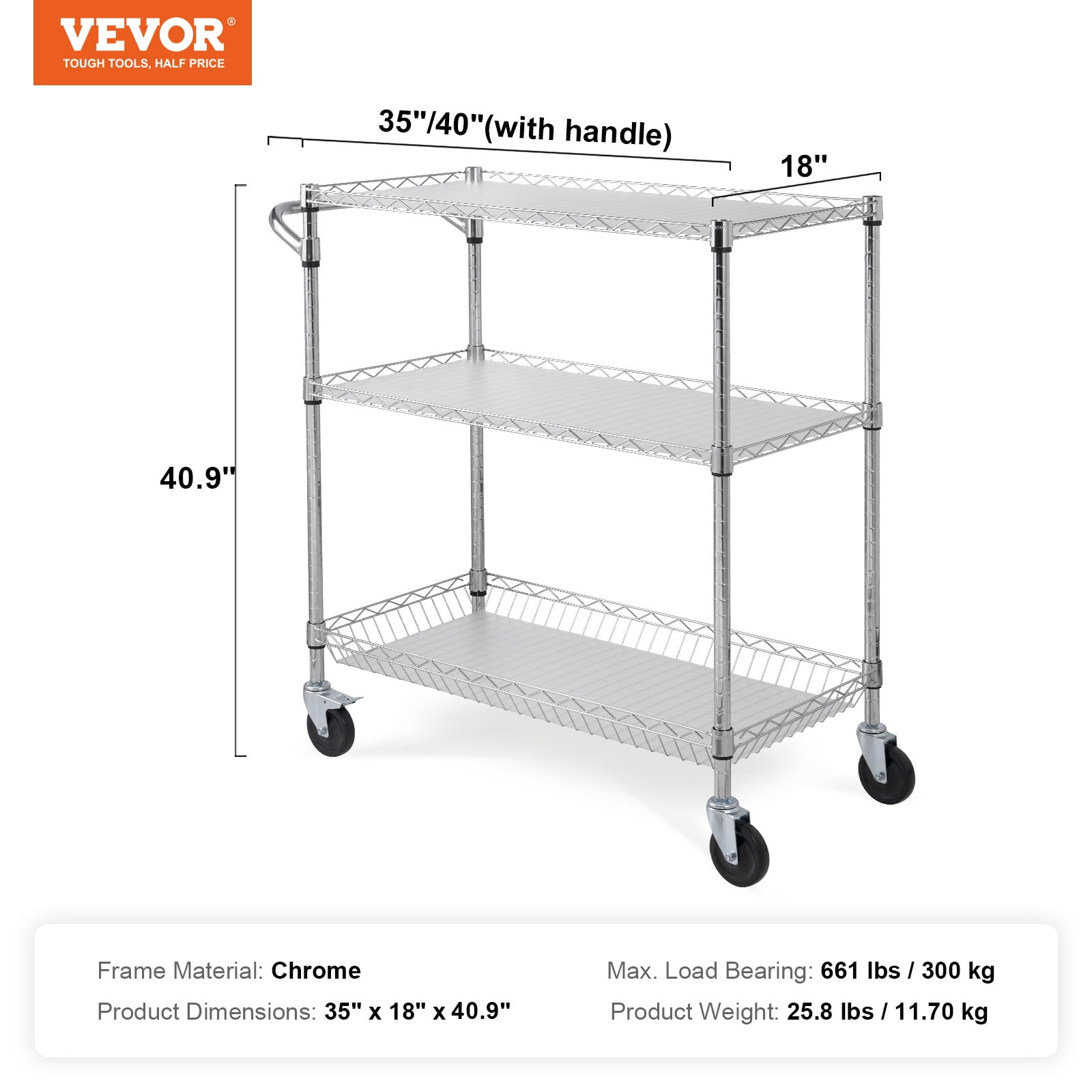 VEVOR Kitchen Utility Cart,3 Tiers,Wire Rolling Cart with 661LBS Capacity, Steel Service Cart on Wheels, Metal Storage Trolley with 80mm Basket Curved Handle PP Liner 6 Hooks, for Indoor and Outdoor