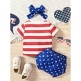 thumbnail image 4 of Hirigin 4th of July Baby Girls Outfits 6 12 18 Months 2T 3T Stars Striped Short Sleeve T-shirt and Shorts Hairband Independence Day Clothes, 4 of 8