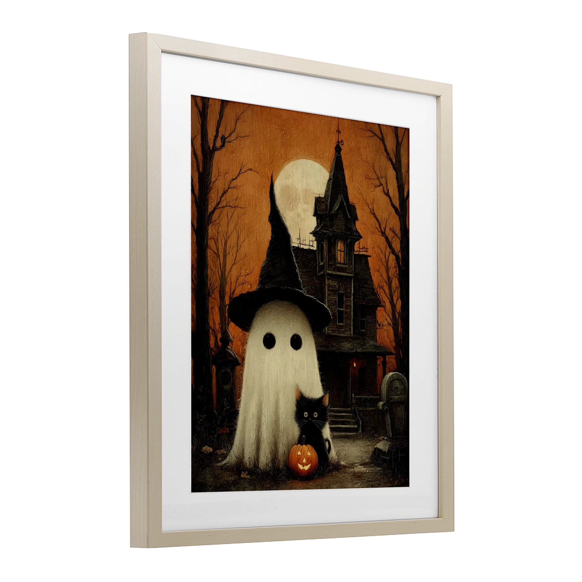 Cute Ghost & Haunted House Birch Framed Print Under Glass, design by Arlington Prints
