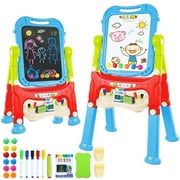 JBee Ctrl Easel for Kids Rotatable Double Sided White Board & Chalk Board Adjustable Standing Kids Art Easel w/ Paint Accessories for Boys Girls Birthday Christmas Gifts for Kids 3-6 Blue