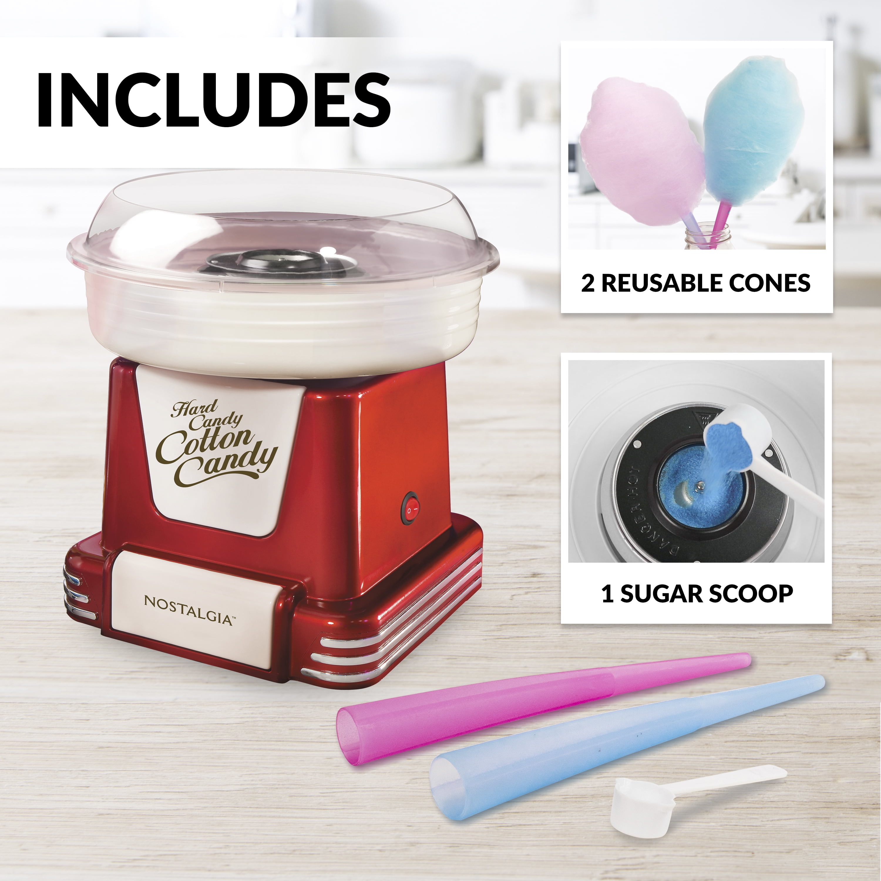 Nostalgia PCM805RETRORED Retro Hard & Sugar Free Cotton Candy Maker with Cotton Candy Party Kit 