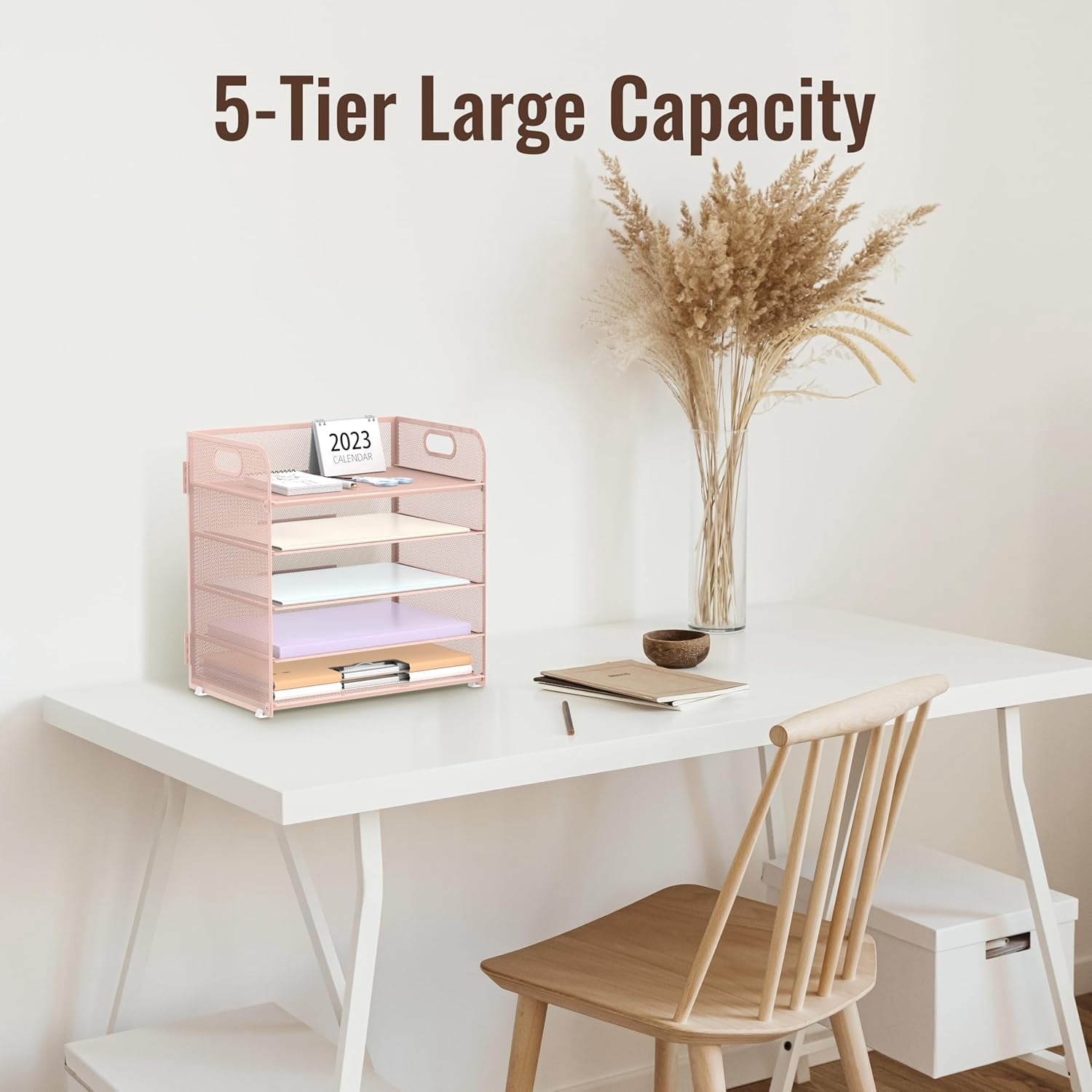 INTIGE 5-Tier Desk Organizer with Handle Mesh Desk File/Paper Organizer Letter Tray for Office