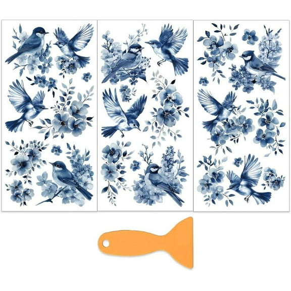 3pcs/Set Blue Flowers Rub on Transfers for Furniture and Crafts 6x12 Inch Flowers Theme Furniture Transfer Sticker Decals Transfer Stickers Rub on Decals for Wood Furniture Home Decoration 1 Set