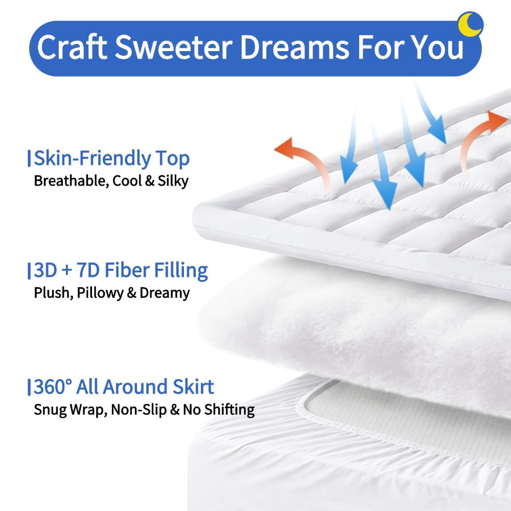 Queen Mattress Pad - Quilted Fitted Mattress Topper Protector, Soft Noiseless Pillow Top Cover with 8-21" Deep Pocket, Cooling Breathable 4D Spiral Fiber 60x80" White, Basic Plush (130 GSM)