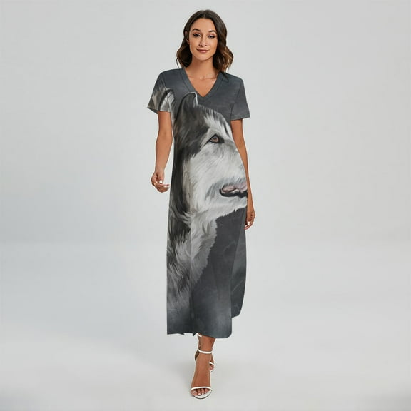 Alaskan Malamute Painting Printed Short Sleeve Maxi Dress, Dog Pet Lover Fashion Summer Maxi Dress For Women