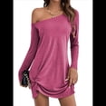 thumbnail image 3 of Tunique à une Épaule pour Femmes Manches Longues Ourlet Torsadé Robe Mini Décontractée Ample Printemps Été Rose Rouge P, 3 of 10