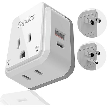 Ceptics Japan, Philippines Power Travel Plug Adapter Set, 20W PD & QC, Safe Dual USB & USB-C 3.1A - 2 USA Socket - Compact - Use in USA, Bahamas, Canada Includes Type A, Type B Swadapt Attachments