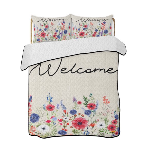 Twin XL Quilt Bedding Set, Farmhouse Flowers Reversible Summer Quilt 3 Pieces, Blue Red Florals Stems Minimalist Beige Lightweight Bedspreads Coverlets with 2 Pillow Shams for All Seasons
