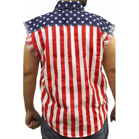 Men's USA Flag Sleevless Denim Shirt Biker Vest American Pride