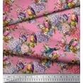 thumbnail image 2 of Soimoi Pink Cotton Duck Fabric Leaves,Floral & American Robin Bird Print Fabric by The Yard 56 Inch Wide, 2 of 3