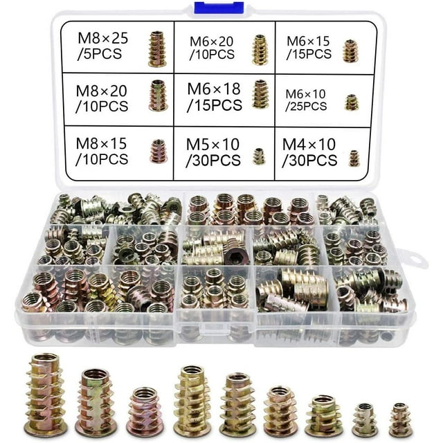 Inserto roscado Tornillo para madera Aleación de zinc M4 M5 M6 M8 Inserto roscado Tuerca de tornillo hexagonal para muebles de madera (120 piezas)