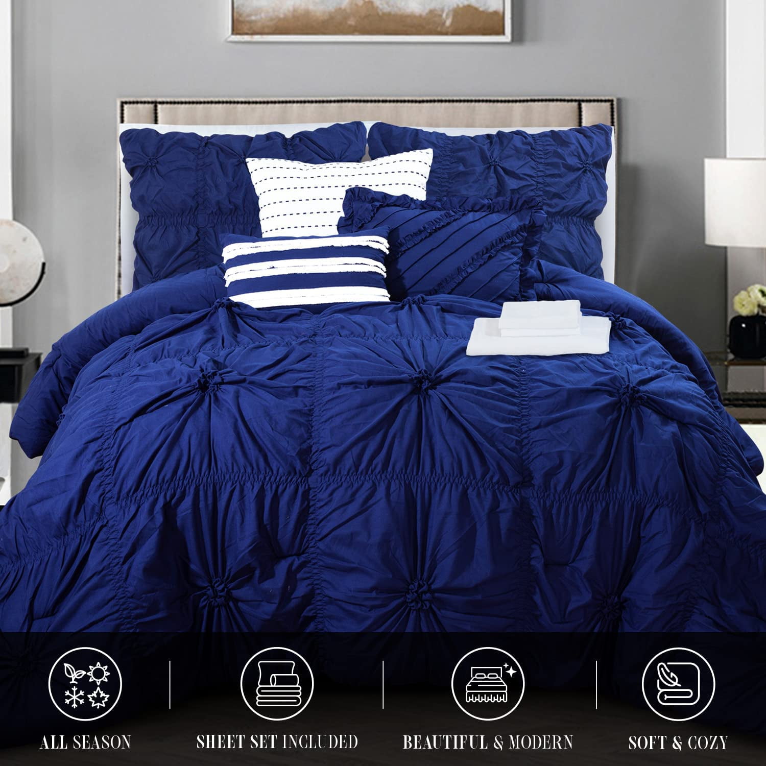 Elegant Comfort Amy 12-Piece Oversized Comforter, Bed-in-a-Bag Including 6-Piece Sheet Set Featuring Smart Pockets and Matching Decorative Pillows, Amy 12PC Oversized Comforter, Cali King, Blue