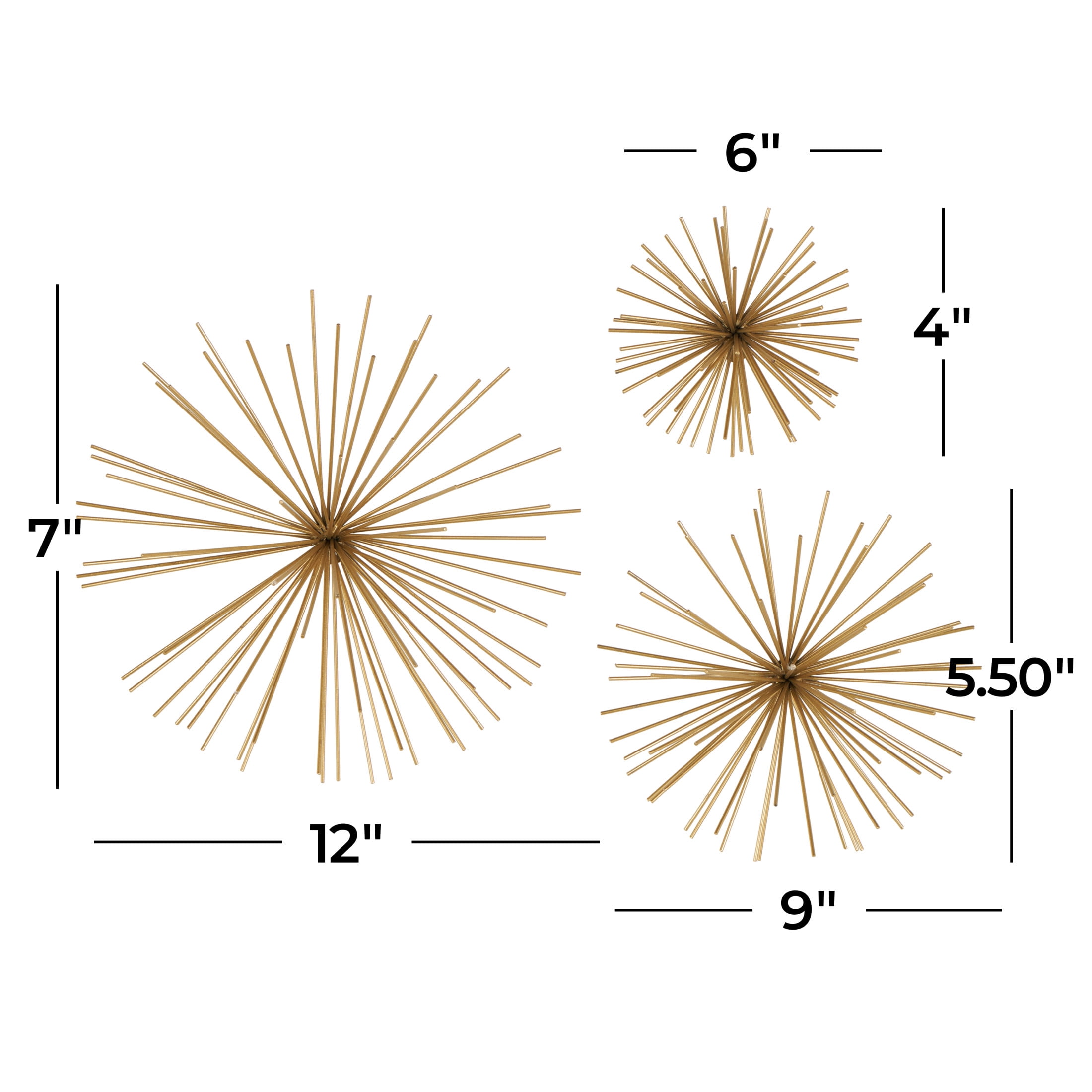 DecMode Gold Metal 3D Long Spike Starburst Wall Decor (3 Count)