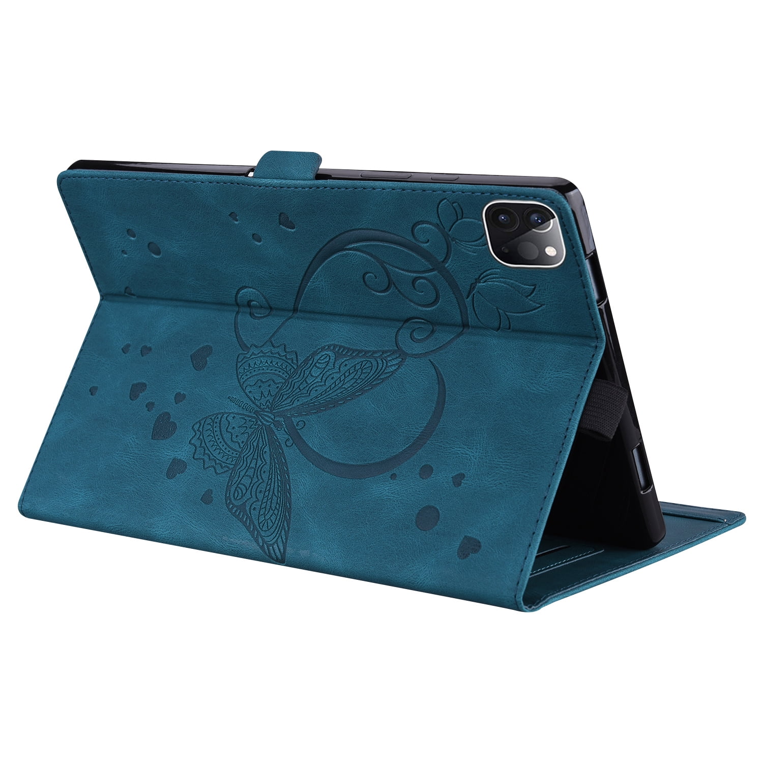 Allytechgroup iPad Pro 11 M4 2024 Case, PU Leather Folio Stand Bumper Anti-Scratch Kickstand Butterfly Embossed Shockproof Slim Fit Pencil Holder Case Cover for Apple iPad Pro 11" 2024, Blue