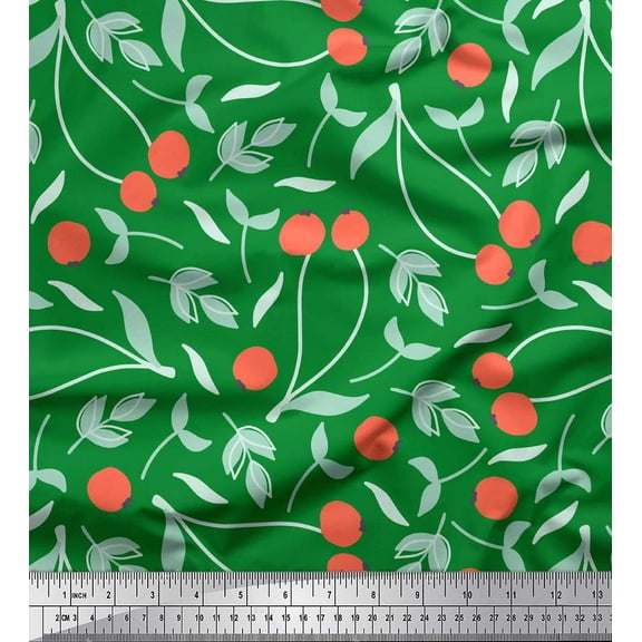 Soimoi Green Cotton Duck Fabric Berries Leaves Printed Fabric 1 Yard 42 Inch Wide