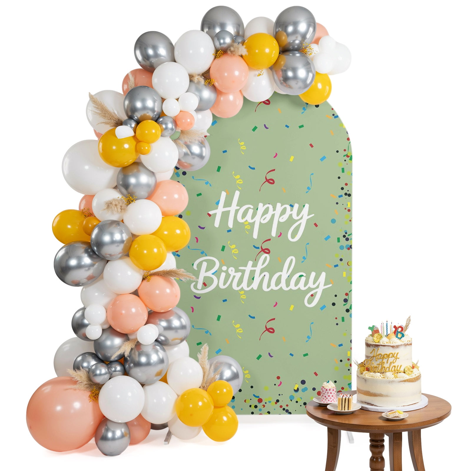 Happy Birthday Arch Backdrop Cover 4 Ft Colorful Ribbons Polka Dots Green Background Spandex Fitted Stretchy Arch Cover, Round Top Chiara Backdrop Cover for Wedding Birthday Baby Shower