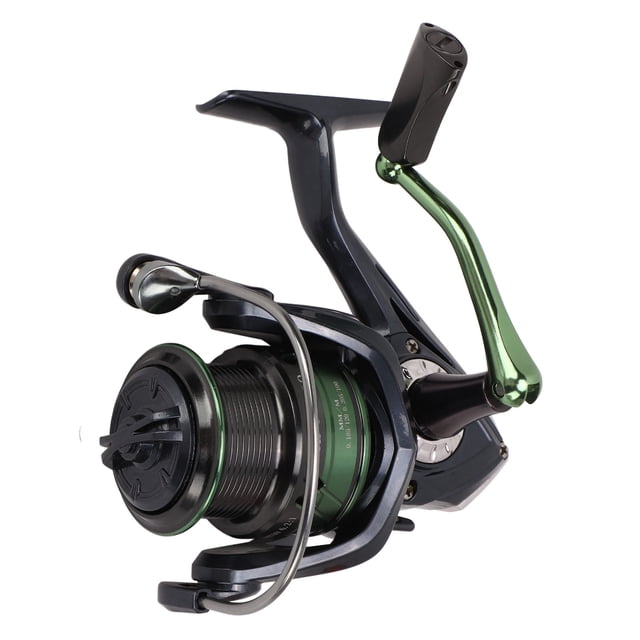 Carrete giratorio de acero inoxidable y metal con balancín roscado para pesca al aire libre.