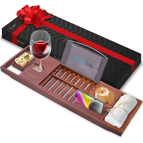 Natural Bamboo Bathtub Caddy - Shower Tub Caddy Tray with Adjustable Length and Soap Box (Brown)