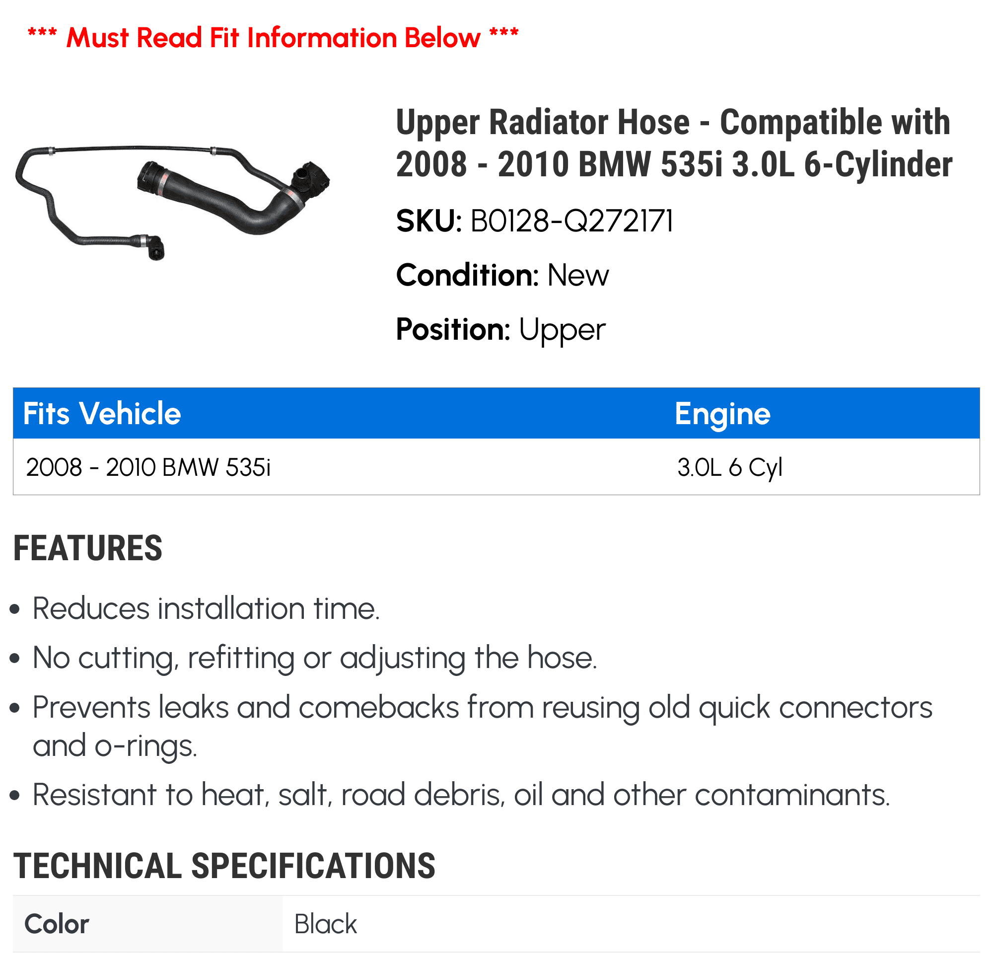 Upper Radiator Hose - Compatible with 2008 - 2010 BMW 535i 3.0L 6-Cylinder 2009