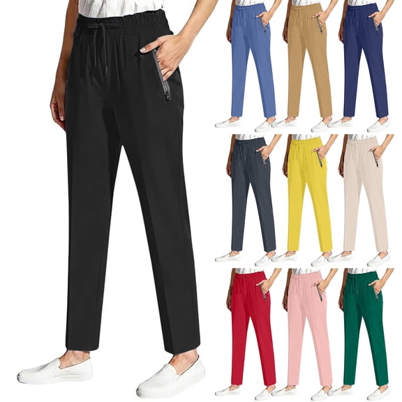 Women's Pants BWASD Casual Straight Leg Trousers with Pockets Adjustable Slim-Fit Stretchy Cropped Tapered Black S-XXXL Business Office Outfit Ladies Slacks