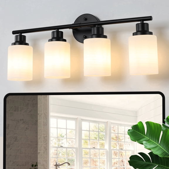 GCGAFUL 4-Light Matte Black Dimmable Bathroom Vanity Light Fixture with Frosted Glass Shade