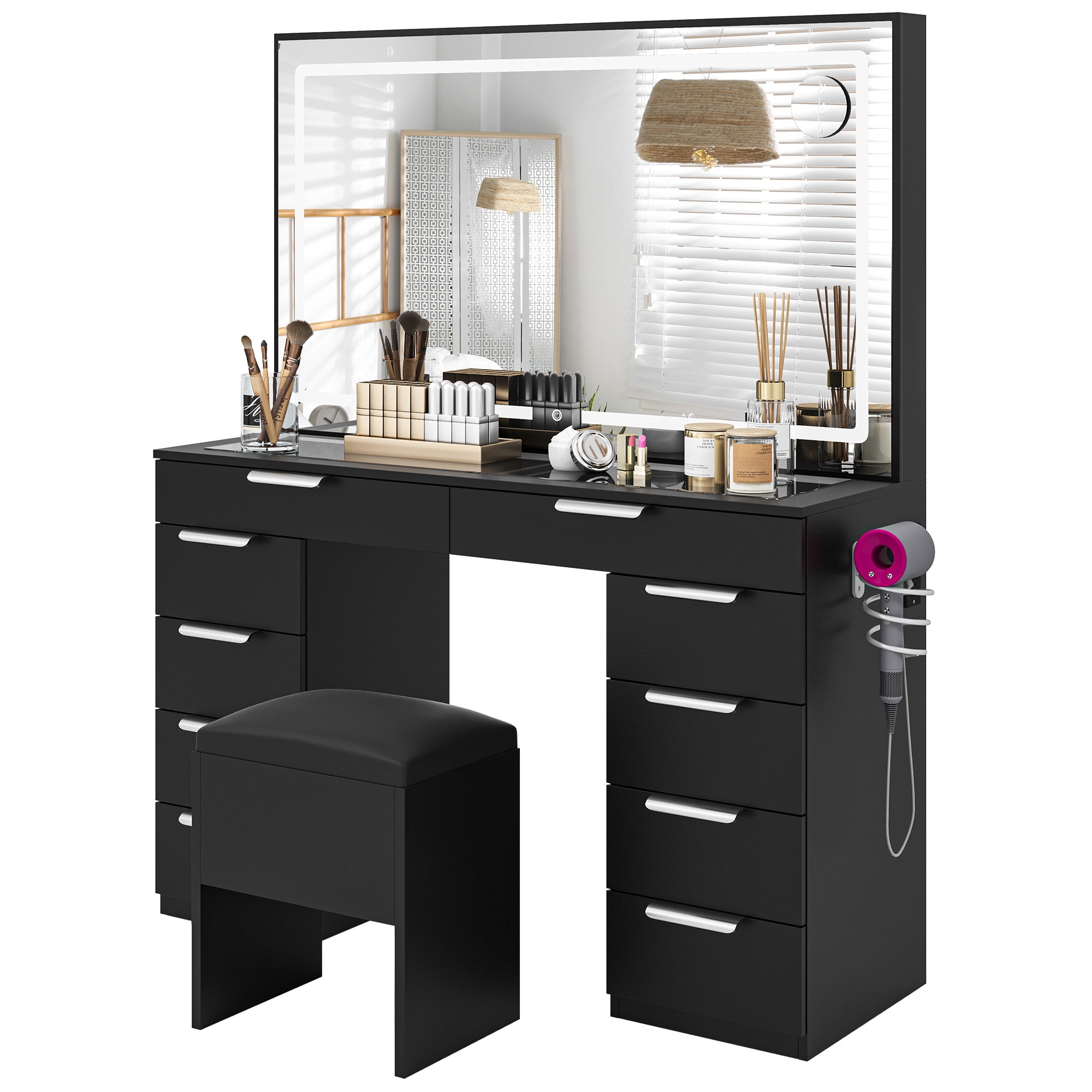 Uforic 10-Drawer Makeup Vanity Dresser with LED Light Strip, Extra-Large Mirror, Power Hub and Hair Dryer Rack, Storage Bench, Black