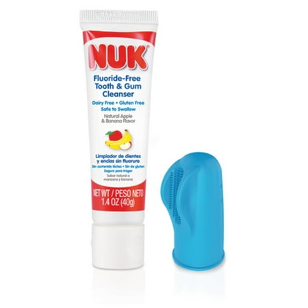 NUK Grins and Giggles Three-Sided Baby Fingerbrush and Cleanser Set, Apple Banana, 1.4 oz