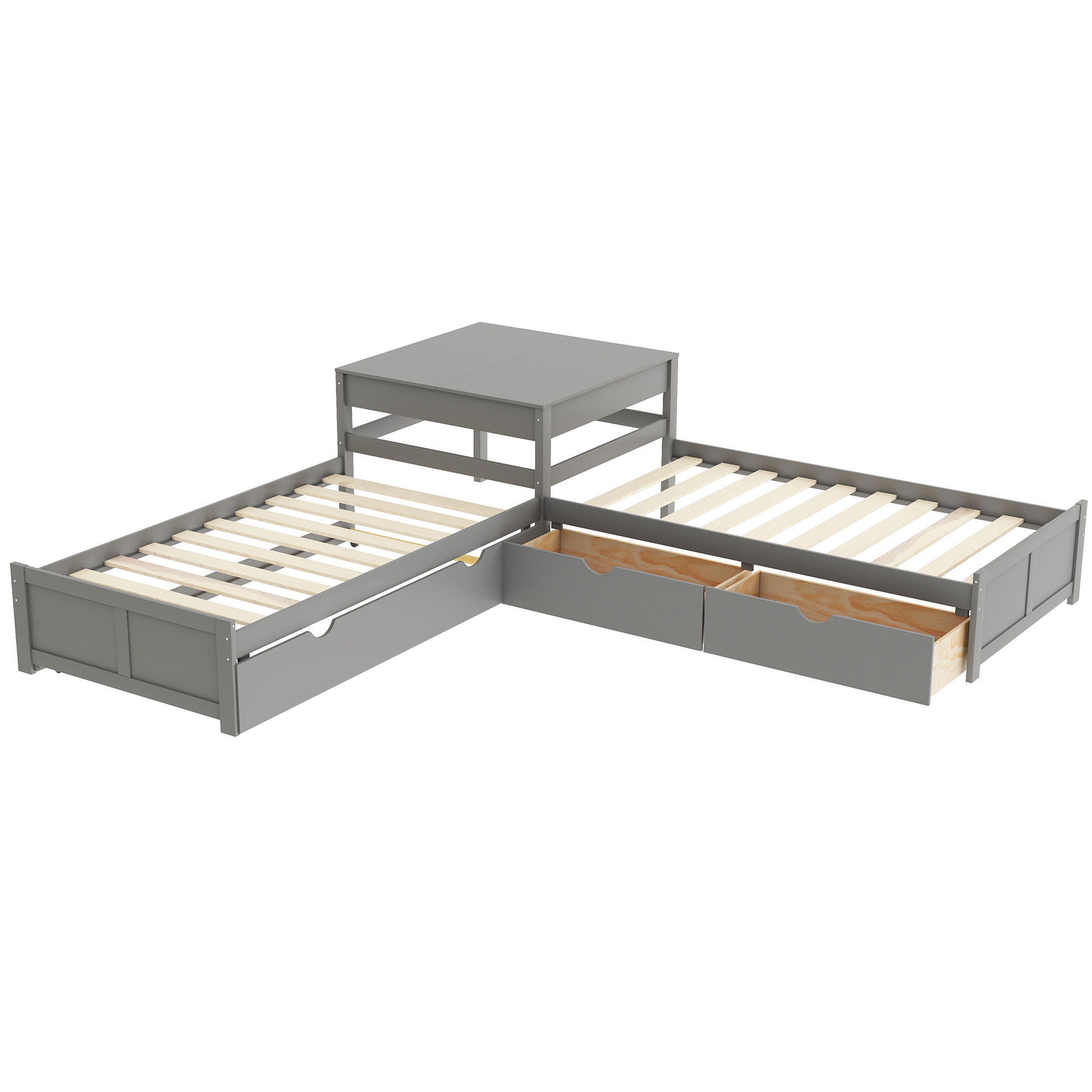 Euroco Pine Wood L-Shaped Twin Platform Bed with Trundle, 3 Beds in One for Bedroom, Trundle Bed with Drawers and Built-in Desk, Gray