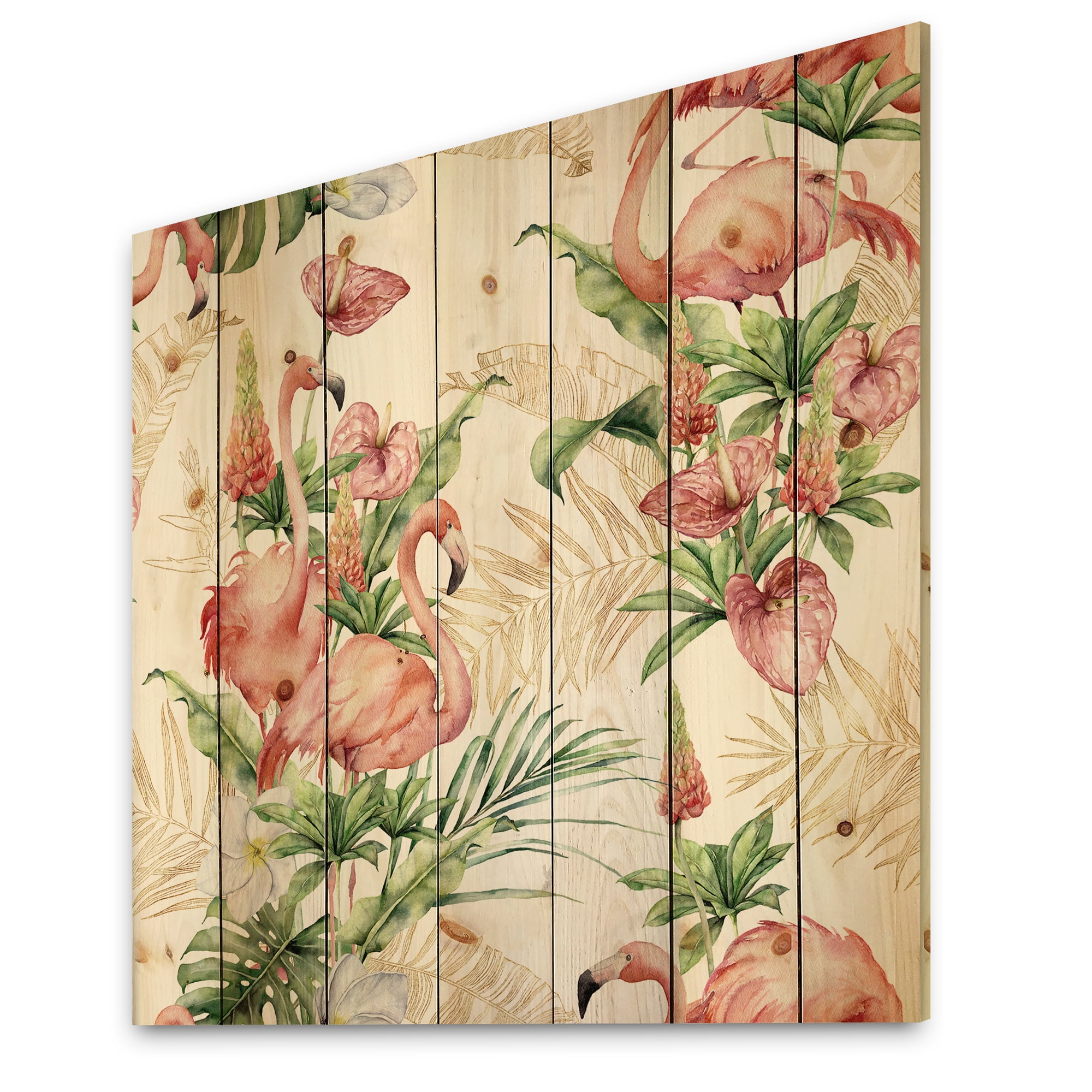 Designart 'Tropical Flowers & Gold Leaves With Pink Flamingos' Traditional Print on Natural Pine Wood