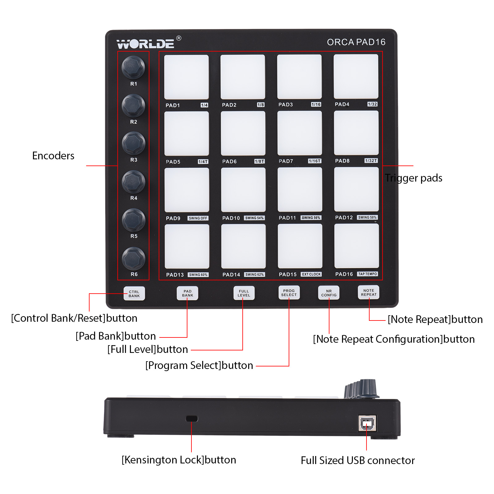 Worlde 16-Pad MIDI Beat Maker Keyboard Controller photo 4